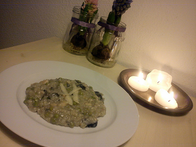 Risotto med portobellosvampe, rejer og ærter