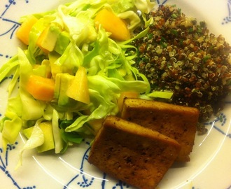 Marineret tofu med quinoa, krydderurter og melon/avocado salat