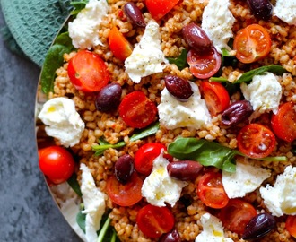 Speltsalat med pesto, tomater og frisk mozzarella