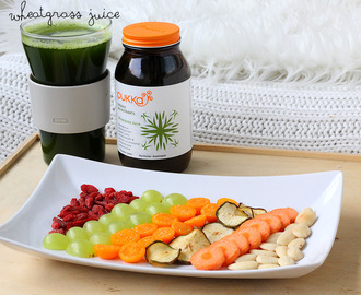 Colorful Breakfast Plate and Wheatgrass Juice