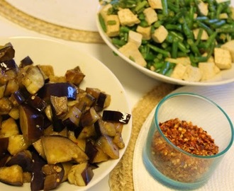 Sichuanin munakoisoa, tofua ja vihreitä papuja (四川茄子, 豆腐 和菜豆)