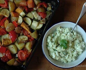 Avokado-raejuustotahna ja paahdetut kasvikset