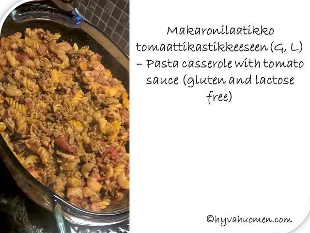 Makaronilaatikko tomaattikastikkeeseen (G, L) – Pasta casserole with tomato sauce (gluten and lactose free)