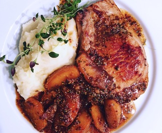 Traditional British Cooking: Bacon chops with apple and cider vinegar.