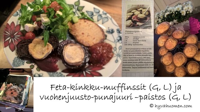 Feta-kinkku -muffinssit ja vuohenjuusto-punajuuripaistos (G, L)