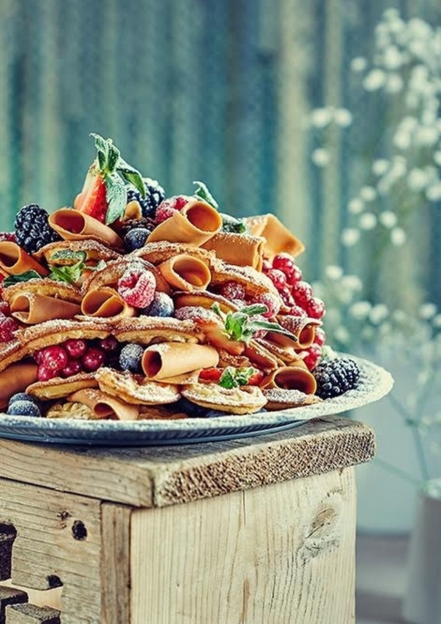 Norwegian «Brown Cheese» Waffle Cake with Berries