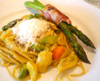 Dagens middagtips: Spagetti med zafran, kylling og asparges.