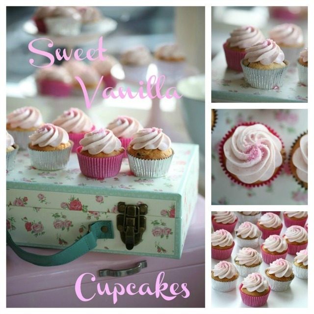 Sweet Vanilla Cupcakes & raspberry vanilla cream cheese frosting