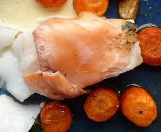 Skrei med gravlaks og løksaus