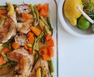 Vårrett: Ovnsbakt kylling med søtpoteter, asparges og sitron