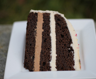 Sjokoladekake med fudge og vanilje-smørkrem.