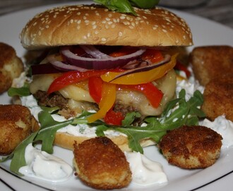 Osteburger med ovnsbakt paprika og urtekrem