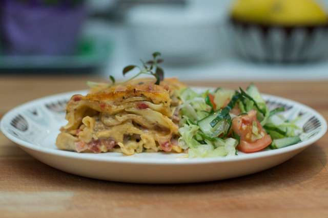 Lasagne med sopp og skinke