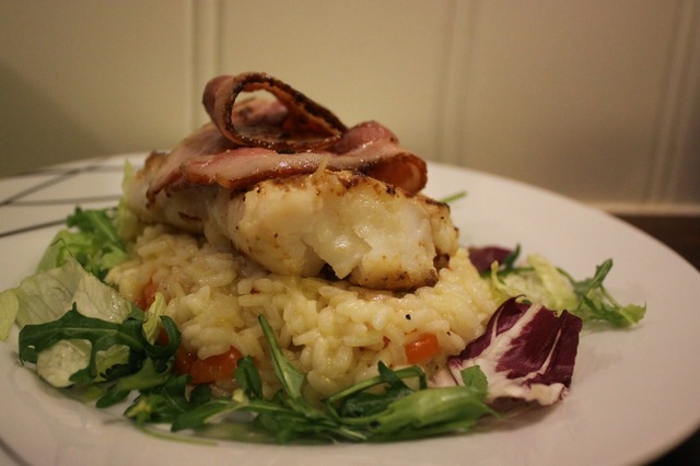 Skrei med risotto og bacon