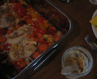 Steinbit med ovnsstekte grønnsaker