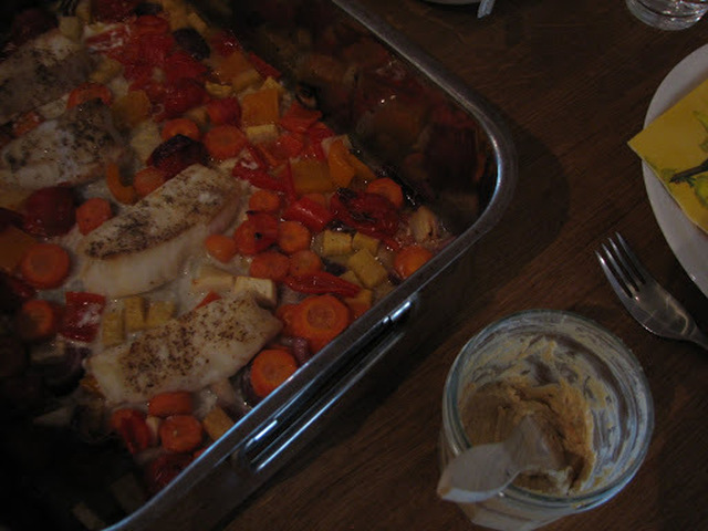Steinbit med ovnsstekte grønnsaker