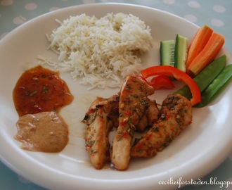 Asiatisk kylling med peanøttsaus og asiatisk dippsaus