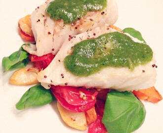 Pannestekt torsk med pesto & ovnsstekte grønnsaker