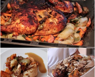 Spatchcocked kylling med BBQ-marinade, løk og søtpotet