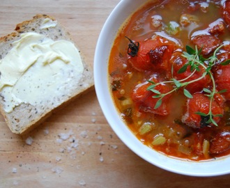 A Rainy Day Soup: Chorizo, lentil & roasted cherry tomatoes with thymes