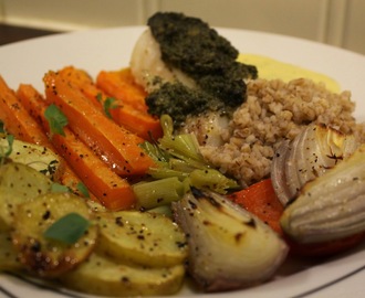 Torsk med pesto og grillede grønnsaker