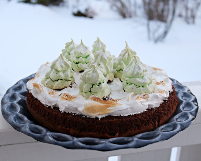 Sjokoladekake med marengs-snø og -juletrær