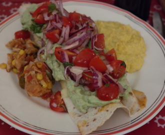 Enchiladas med kylling, guacamole, maiskrem og pico de gallo!