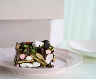 Chocolate Crunch Cake, with Marshmallows and pistachios