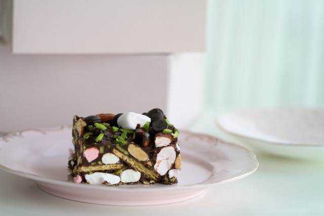 Chocolate Crunch Cake, with Marshmallows and pistachios