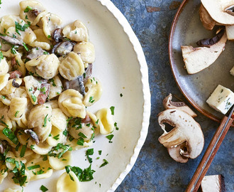 Krämig pasta med gorgonzola, bacon och svamp