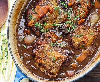 Coq Au Vin For Two (Chicken In Red Wine Sauce) | Recipe | Braised chicken thighs, Recipes, Chicken thigh recipes