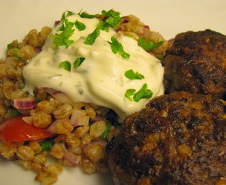 Köttfärsbiffar och matvetesallad med tzatziki