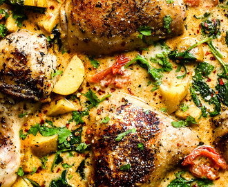 Kylling og kartofler i spinat/parmesansauce
