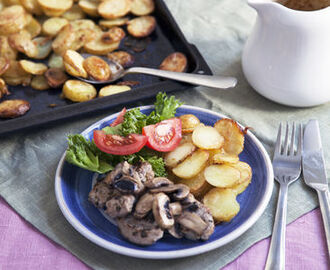 ”Pepparstek” med gräddsås, svamp och ugnsråstekt potatis