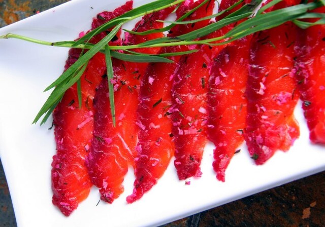 Beet Cured Salmon with Dill, Tarragon & Fresh Horseradish