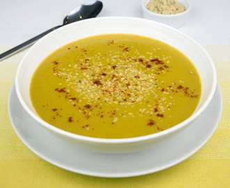 Spicy sweet potato and pak choi soup with hemp seeds