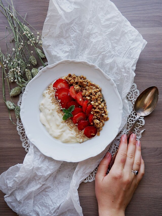 Swedish Summer in a Bowl - Vanilla Soygurt with Granola, Fresh strawberries and Spearmint
