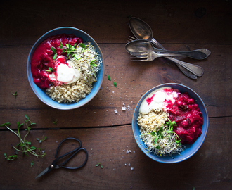 Mustig rödbets- och quinoagryta med fetayoghurt & groddar