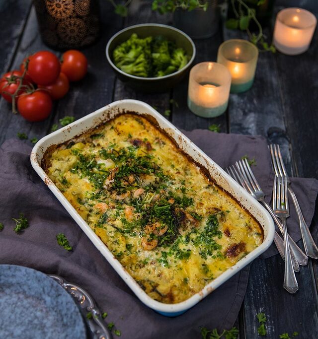 Snabblagad fiskgratäng med torskrygg, purjolök och dill