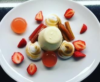 Vårdessert (mandelkaka, citronparfait, inkokt rabarber, rabarbergelé, kardemummasmul och italiensk maräng)