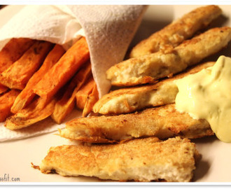 Nyttigare Fish and Chips: Hemlagade fiskpinnar med sötpotatis-chips och lätt remoulad