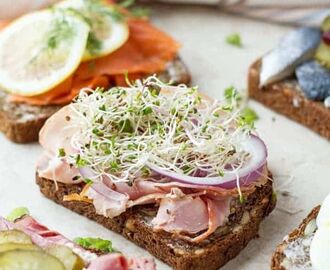 Smorrebrod open faced Danish traditional sandwiches recipe made with smoked salmon, liver pate, beef, pork,… | Smørrebrød recipe, Pickled herring recipe, Smorrebrod