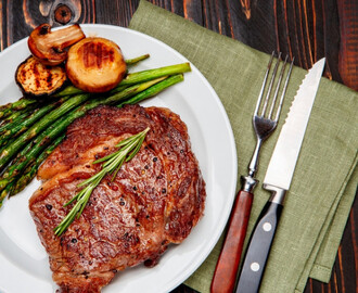 Hängmörad entrecote med sparris och champinjoner