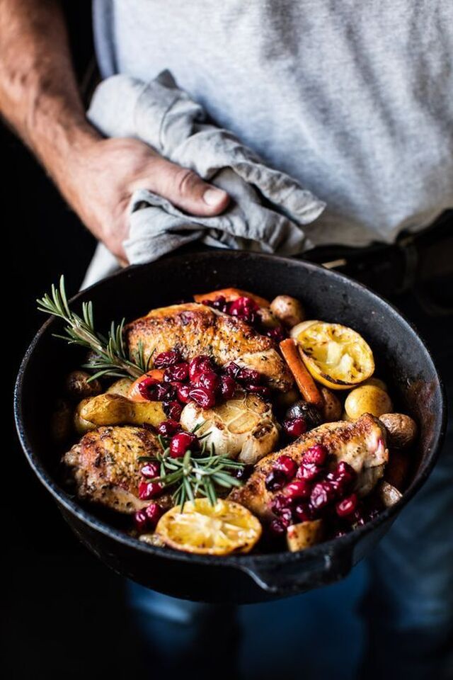 Skillet Cranberry Roasted Chicken and Potatoes. - Half Baked Harvest | Recipe | Food, Roasted chicken and potatoes, Recipes