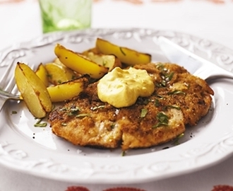 Senapspanerad kalkonschnitzel med saffransklick