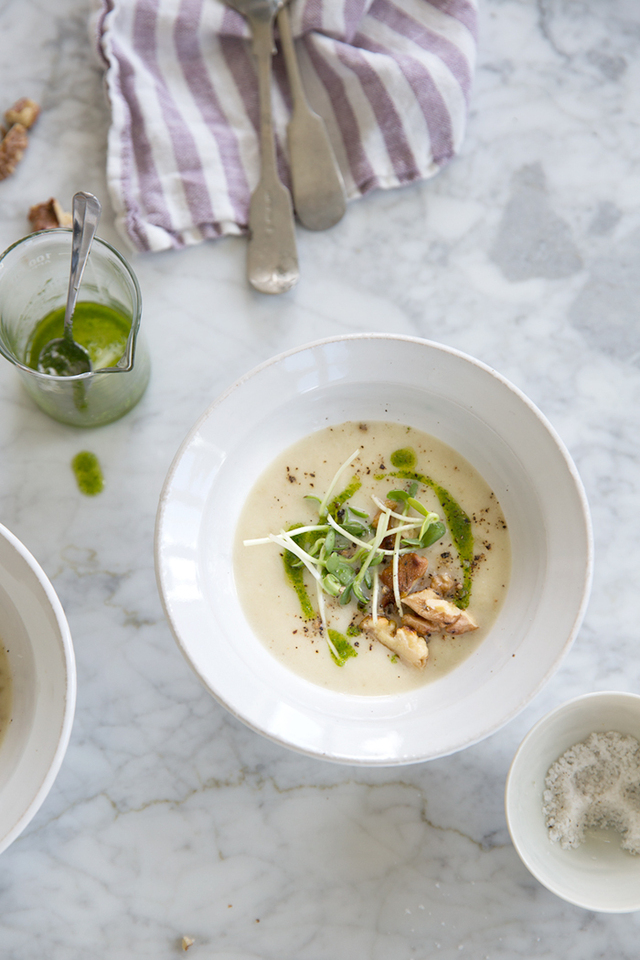 Sunchoke soup with toasted walnuts, parsley oil and sunflower sprouts + a short summary on my recent workshop