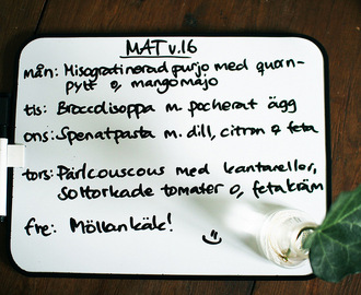 vegetarisk veckomatsedel #62: dill- & spenatpasta, gratinerad purjolök, tomatquinoa, kantarell- & pärlcouscous samt broccolisoppa med koriander.
