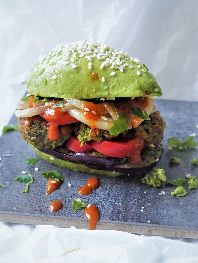 Vegan Avo-Burger with Falafel, Grilled Eggplant and Parsley