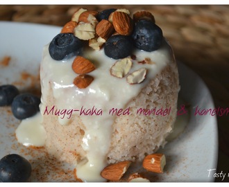1-minuts kanel & mandel mugg-kaka med cream cheese protein frosting, blåbär och mandel