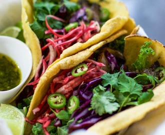 Roasted portobello tacos + herby green sauce